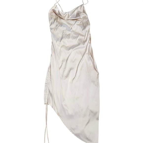 Champagne Satin Cowl Neck Midi Slip Dress Ruched Asymmetrical Hem Sexy Glam - Picture 6 of 9